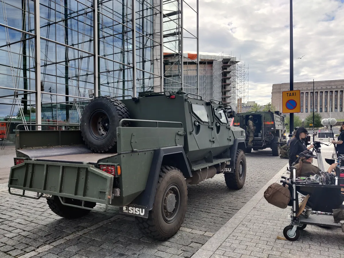 Armoured picture vehicle and film equipment on location